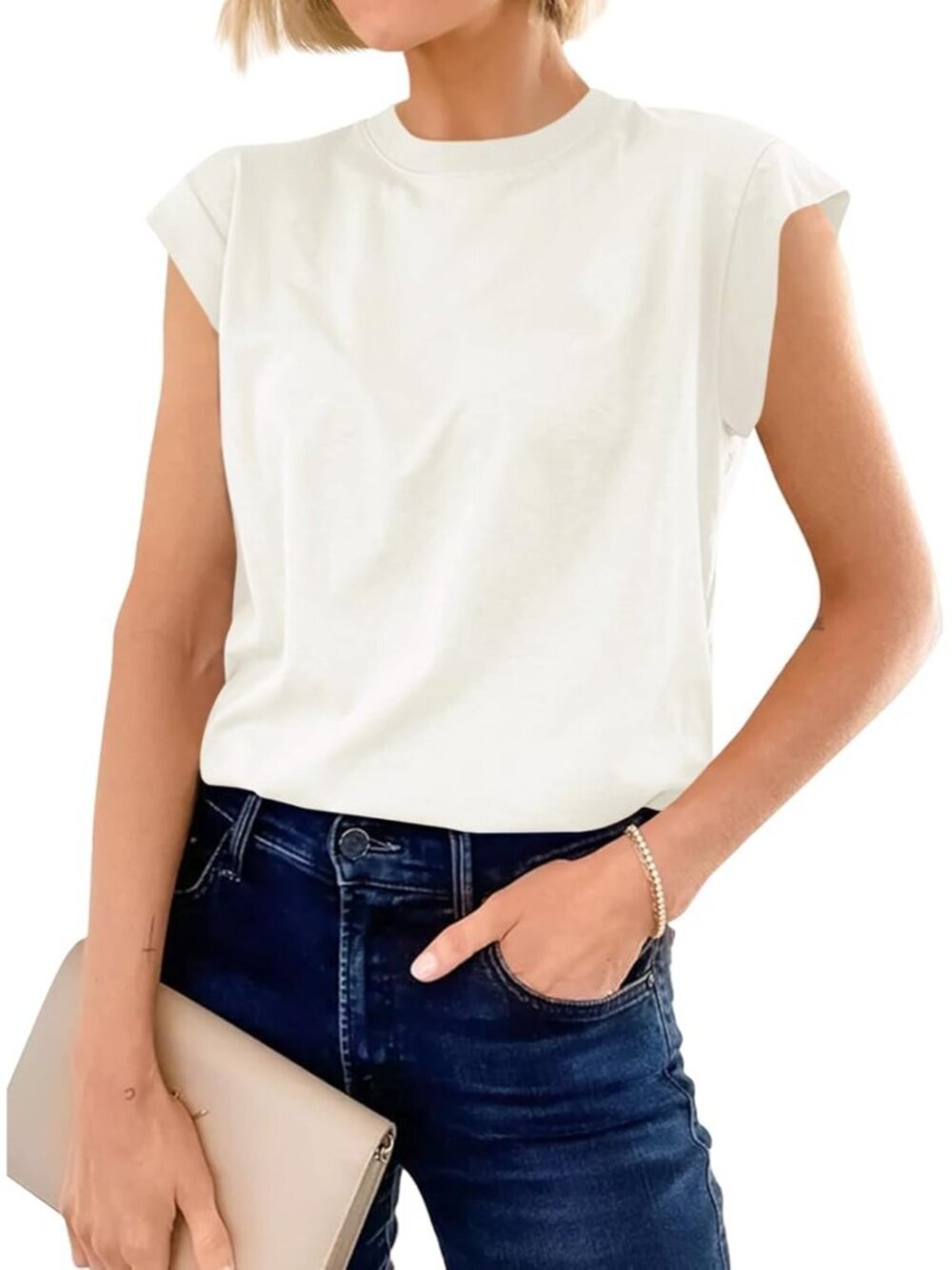 Womens Beige Short Sleeve Crew Neck Basic Tee Loose Fit Cotton T Shirts